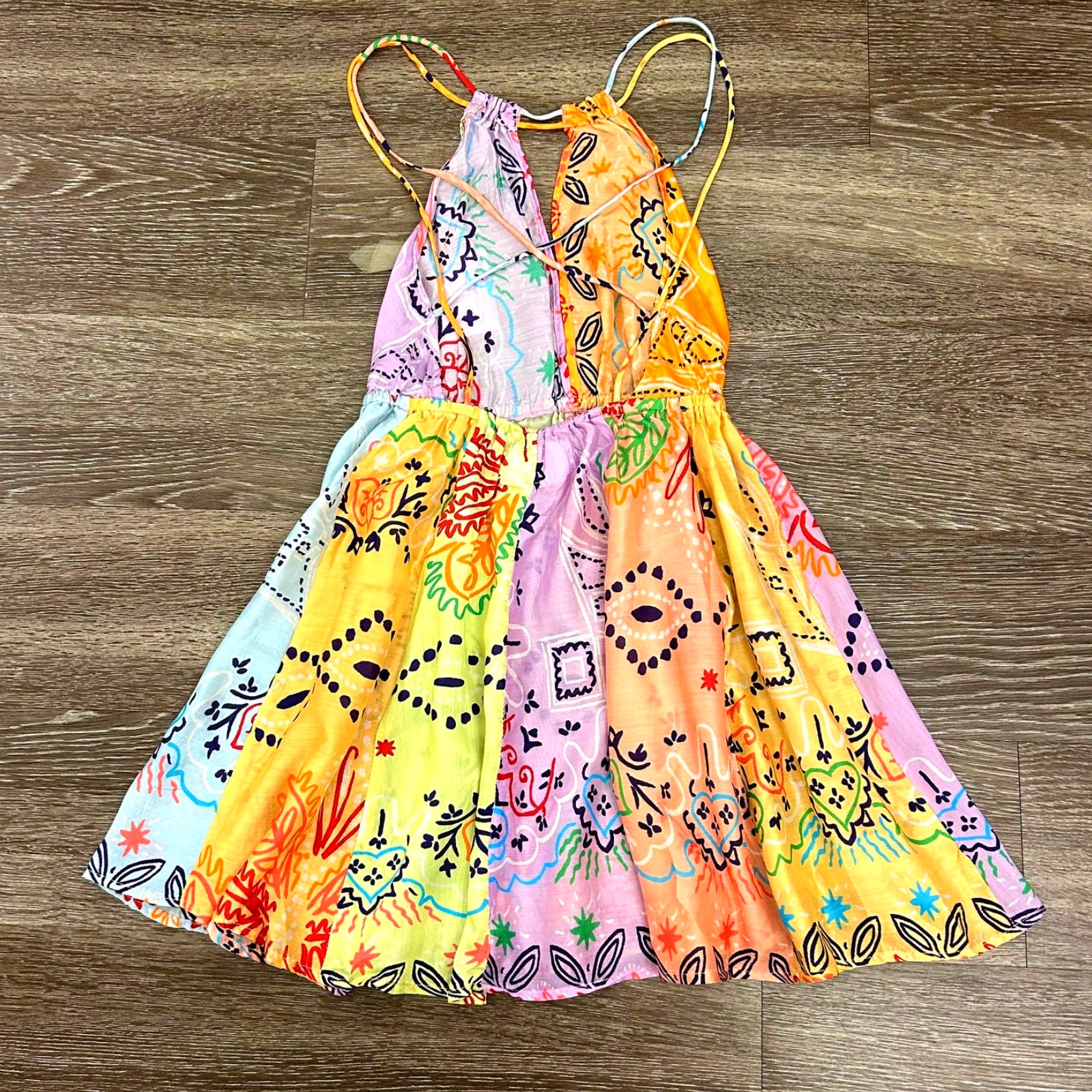 Sundress Crystal Halter Mini Dress Xs Saint Tropez Patchwork Open Back Nwt Boho — image 7 of 8